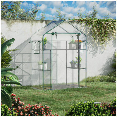 Astoria Grand Outdoor Walk-in Minihouse with Mesh Door & Windows Small Portable Garden House with 3 Tiers 6 Shelves Trellis & Plant Labels