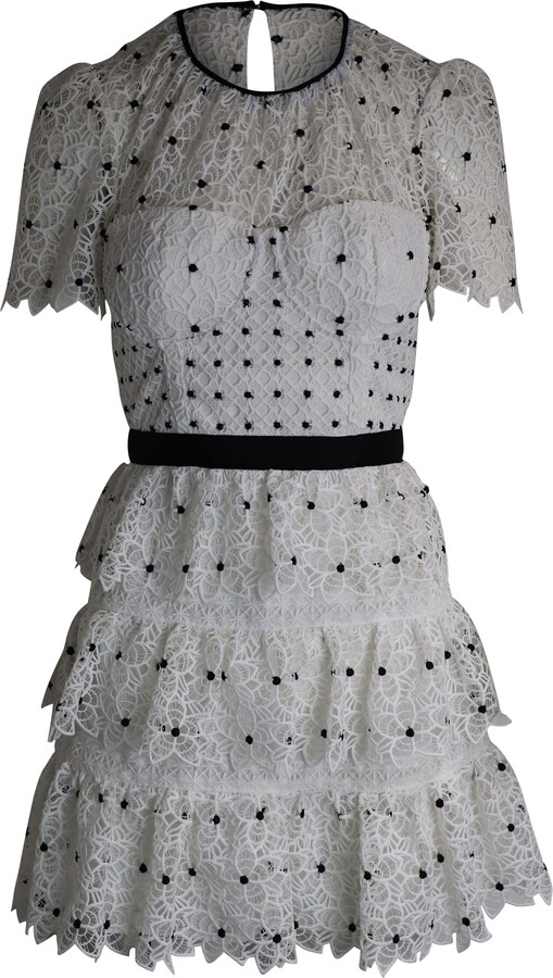 Self-Portrait Tiered Polka Dot Floral Lace Mini Dress in White Polyester
