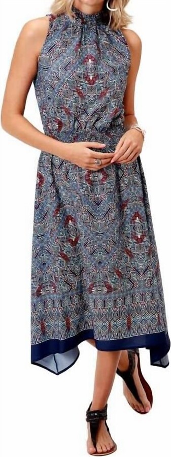 Roper Tribal Border Print Western Dress In Blue Orange