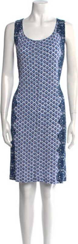 Tory Burch A-Line Dress Blue Printed Sleeveless with Scoop Neck Concealed Zip Closure at Side Designer