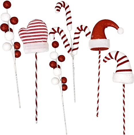 Gift Boutique Christmas Picks Plush Stuffed Santa Hat Gloves Candy Cane Balls and Candies with Red and White Stripes on Sticks Set of 6 Vase Filler Crafts & Tree Ornament Wreath Holiday Decorations