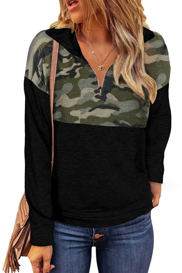 Welinone Womens Casual Long Sleeve 1/4 Zipper Camo Sweatshirts Stand Collar  Pullover Tunic Tops with Pockets Black Small - ShopStyle