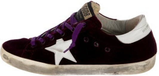 Golden Goose Velvet Low Top Sneakers Burgundy Printed Leather Trim Leather & Distressed Accents Round-Toes Lace-Up Closure at Uppers Designer