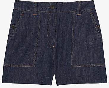 Reiss Womens Indigo Ashby Contrast-Stitch Mid-Rise Linen Shorts 16R