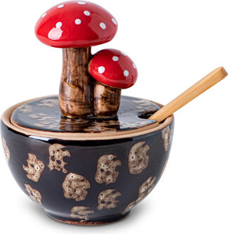Rainbow Home Brown Ceramic Mushroom Salt Cellar With Lid And Bamboo Spoon