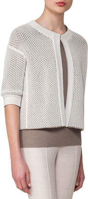 Akris Reversible Netted Cashmere-Cotton 1/2-Sleeve Cardigan, Taupe
