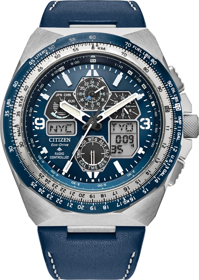 Citizen Eco-Drive Men's Chronograph Promaster Skyhawk Blue Leather Strap Watch 46mm