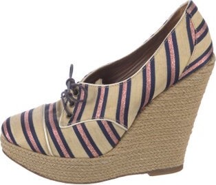 Tabitha Simmons Canvas Pumps Metallic & Neutrals Striped Semi-Pointed Toes Platform Lace-Up Closure at Uppers | Tabitha Simmons Canvas Striped Pumps in Metallic/Neutrals, Women's IT 36 | 6