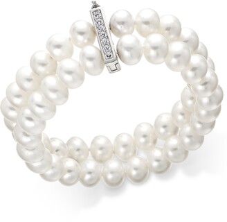 Belle de Mer Cultured Freshwater Pearl (8-1/2 mm) and Cubic Zirconia Two-Row Bracelet in Sterling Silver