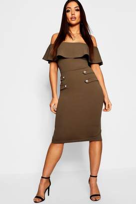 boohoo Off The Shoulder Button Detail Midi Dress
