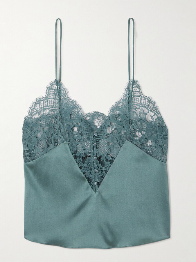 Kiki de Montparnasse - Camille Cotton-blend Lace-trimmed Silk-satin Camisole - Blue