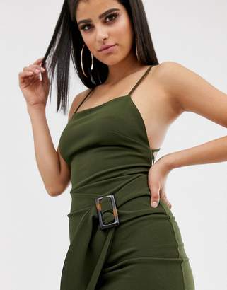 ASOS Tall DESIGN Tall strappy back wrap mini dress with tortoise shell buckle