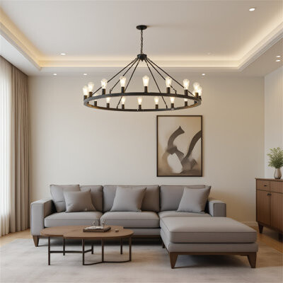 Mercer41 Circular Chandelier Carriage Wheel Pendant Light Rustic Industrial Style Adjustable Chain Length Iron Pendant Light Suitable For A Variety Of Sett