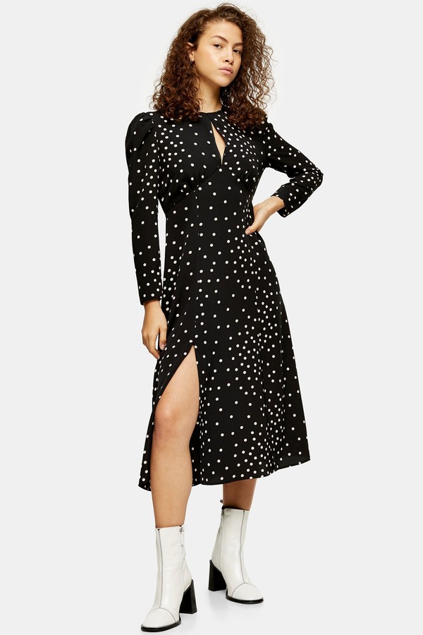 Topshop Womens Petite Black Mix Spot Piped Midi Dress - Black - ShopStyle