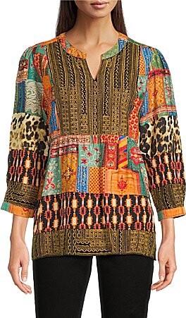 Calessa Petite Size Embroidered Patchwork Split V-Neck 34 Sleeve Tunic