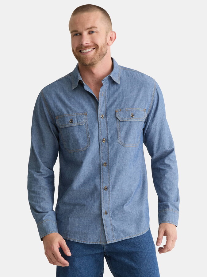 Brahma Men’s and Big Men’s Chambray Shirt with Long Sleeves, Sizes S-3XL