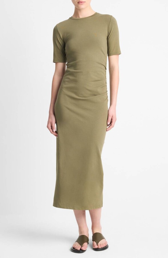 Short Sleeve Midi Dress In Olive Smoke