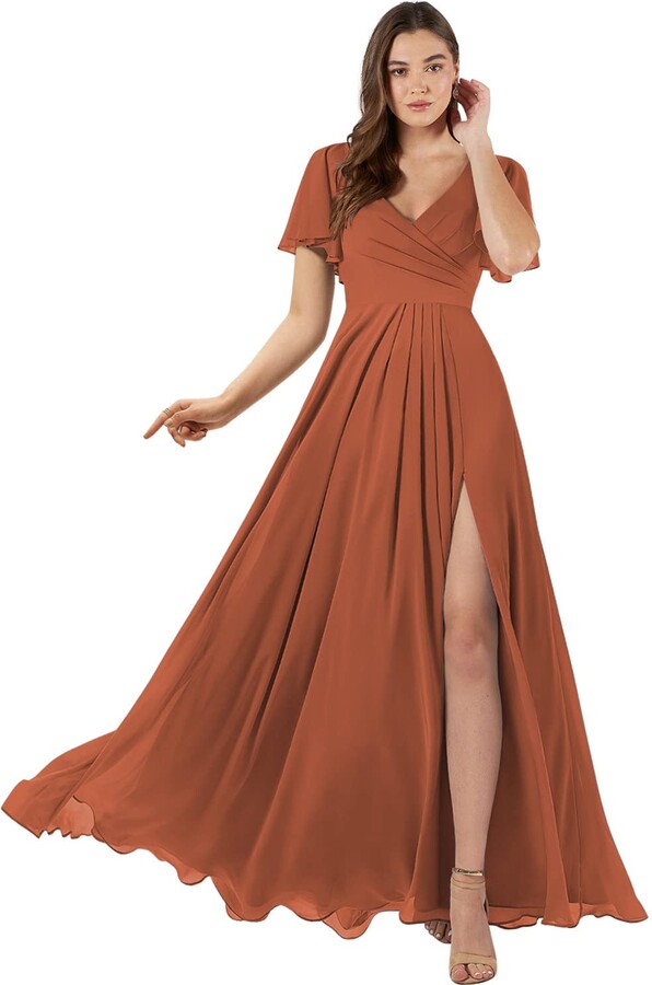 X/Y Women's Flutter Sleeve Bridesmaid Dresses Long with Slit V Neck Chiffon Formal Party Prom