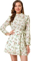 Thumbnail for your product : Allegra K Women's Ruffled Trim Stand Collar Belted Vintage Daisy Floral Dress Black White S