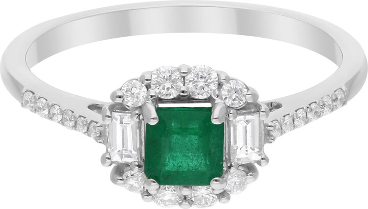Spectrum Jewels 0.4 Carat Zambian Emerald Ring 0.3 Ct. Si/h Baguette Diamond 18 Karat White Gold