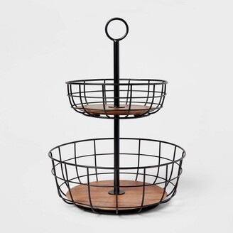 Threshold Iron and Mangowood Wire 2-Tier Fruit Basket Black