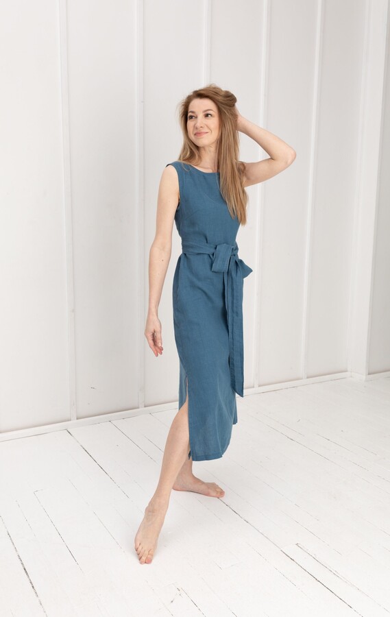 Etsy Long 100% Linen Wrap Dress/ 1206