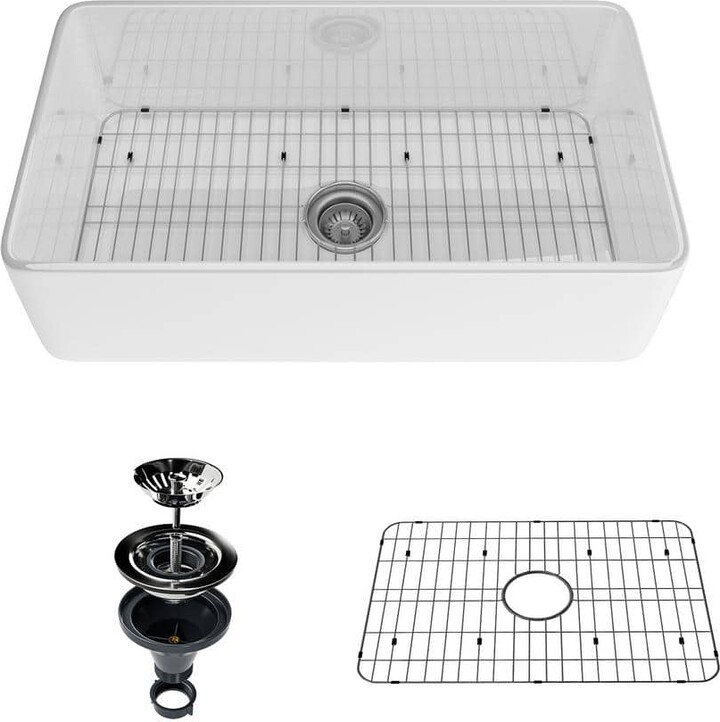 VANITYFUS 33 in. Undermount Farmhouse Single Bowl White Fine Fireclay Workstation Kitchen Sink Whth Accessories