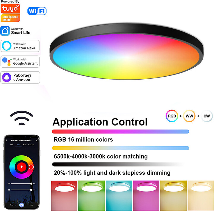HONGQI 24W Tuya Ceiling Light Wifi Bluetooth AC85-265V RGB WW CW Living room Decoration LED Lamp Smart life APP with Alexa Google Home