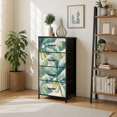 4 Drawer Vertical Storage Dresser Designer Tropical Bahamian Breeze Collection Azure Palm Leaves Banana with Wood Top Fabric Pull Drawers