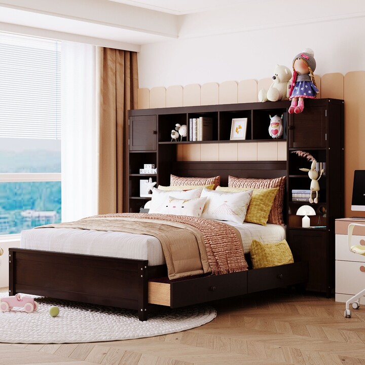 RASOO Solid Full Size Wooden Bed with AllinOne Shelf, Drawers, and 10 Shelf Cubes