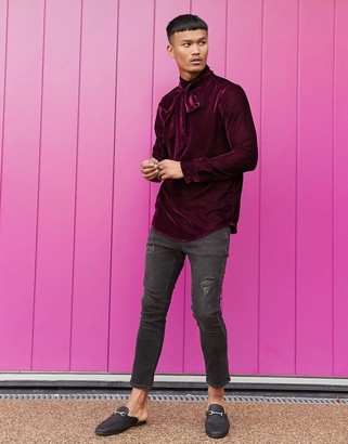 ASOS DESIGN regular fit velvet shirt with pussybow neck tie in deep purple
