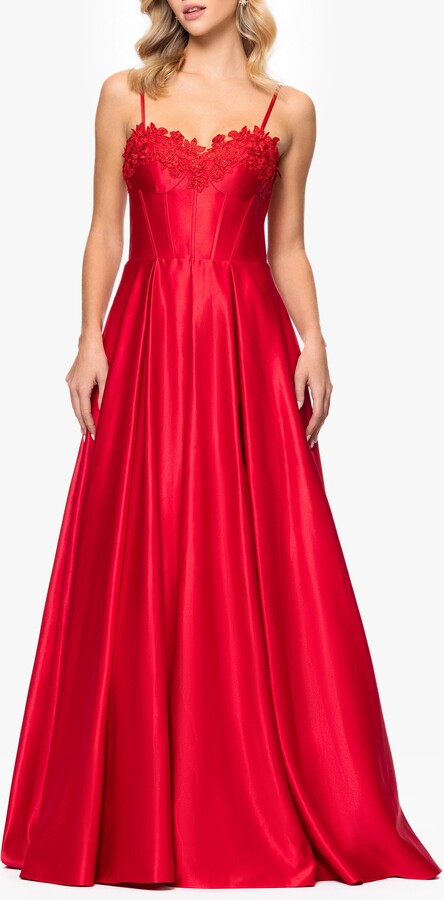 Blondie Nites Floral Appliqué Lace-Up Satin Ballgown