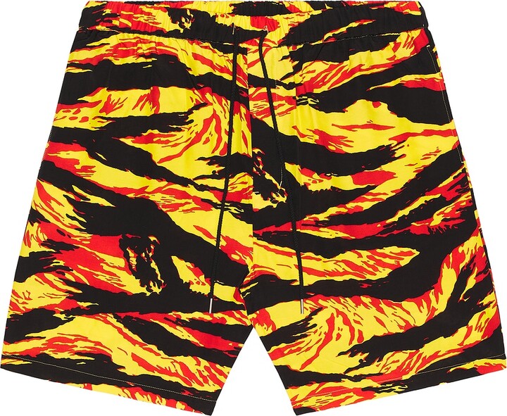 TAKAHIROMIYASHITA TheSoloist. TAKAHIROMIYASHITA The Soloist Tiger Camouflage Hawaiian Shorts in Yellow,Red
