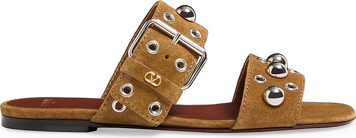 Valentino Garavani Women's Nellcôte Crust Leather Slide Sandals - Havana Beige - Size 7