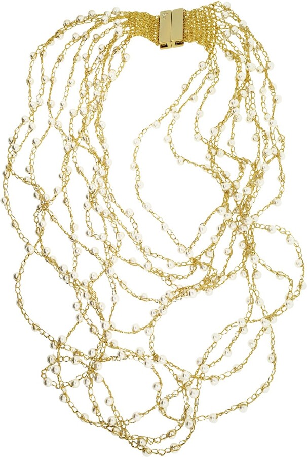 Lavish by Tricia Milaneze White Clear & Gold Multi Strings Handmade Necklace