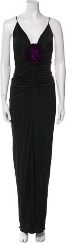 Saint Laurent Evening Gown Black Ruffle Embellishment Sleeveless with V-Neck Concealed Zip Closure at Back