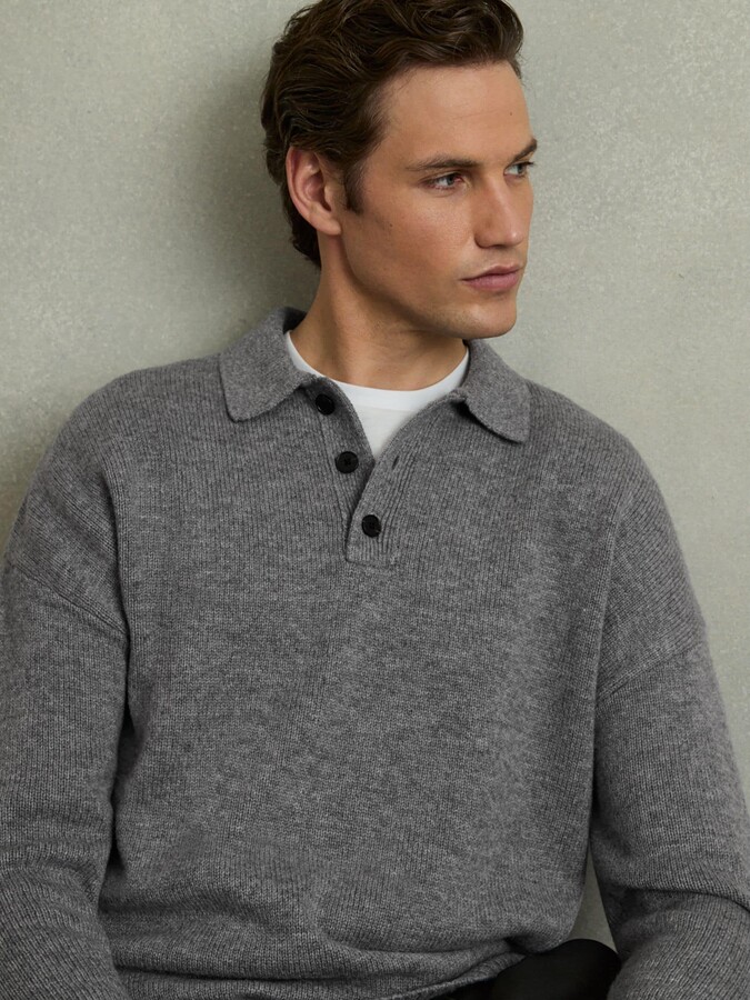 Reiss Wool Blend Long Sleeve Polo Shirt