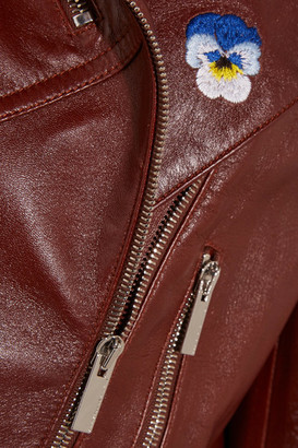 Christopher Kane Cropped Embroidered Leather Biker Jacket - Brick