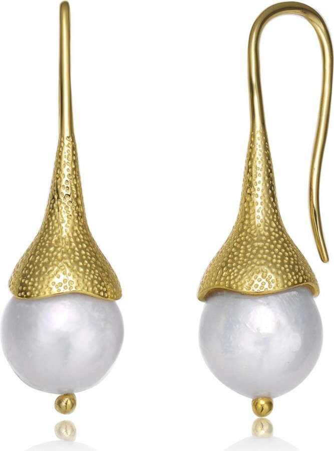Genevive Sterling Silver 14K Gold Plated with Genuine Freshwater Pearl Hook Earrings