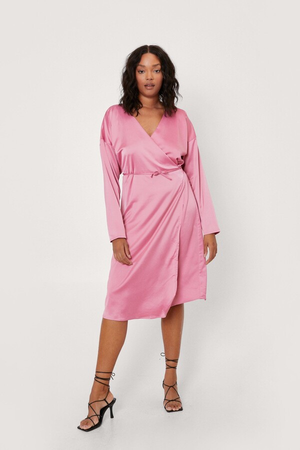 Nasty Gal Womens Plus Size Satin Wrap Midi Dress - Pink - 18 - ShopStyle
