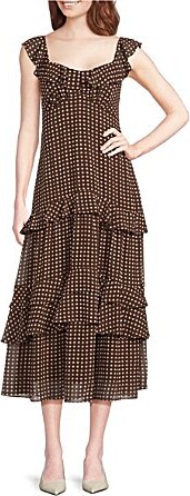 Cassandra Dotted Chiffon Sweetheart Neck Sleeveless Ruffle Tiered Midi Dress