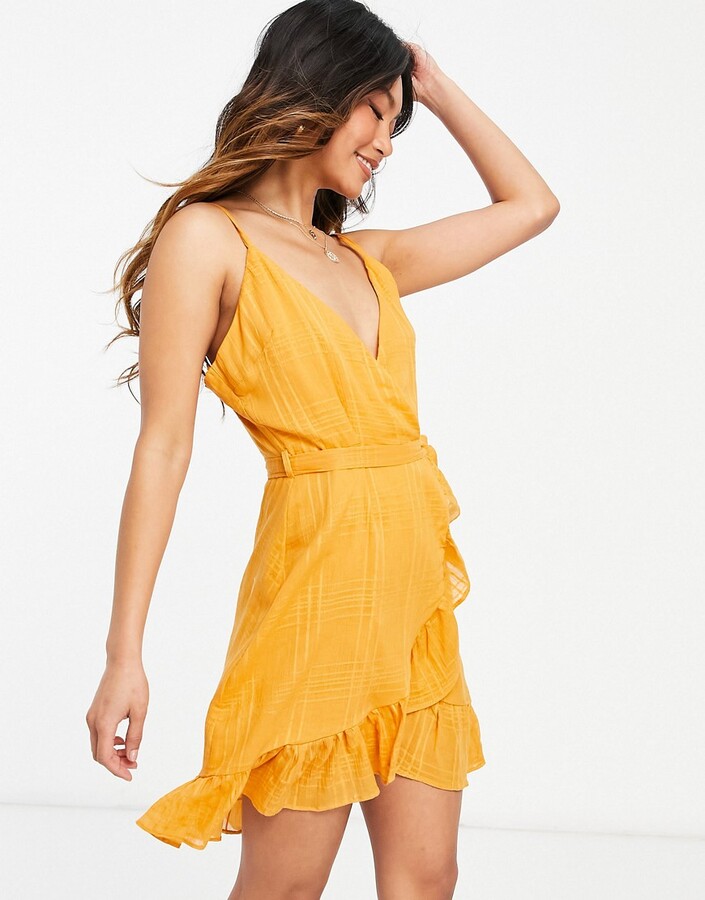 Tie wrap around mini sundress in self grid check in mustard Asos Women Clothing Dresses Party Dresses 
