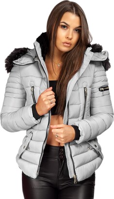 Ladies Women Quilted Puffer Bubble Padded Faux Fur Hooded Warm Thick Coat Jacket 
