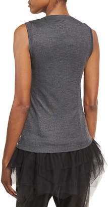 Brunello Cucinelli Wool Jersey Scoop-Neck Tank with Tulle Hem, Charcoal