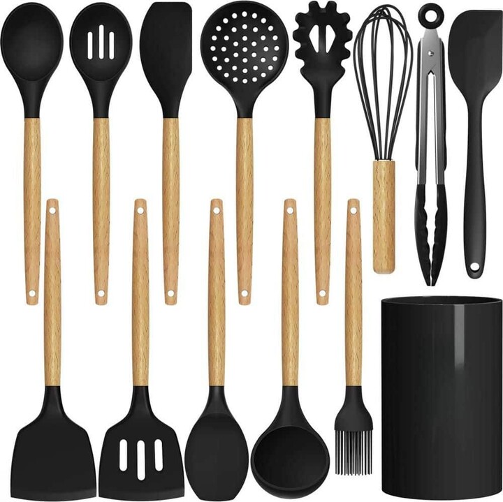 Numhew Silicone Cooking Kitchen Utensil Holder Set with Turner Tong, Spoon, Brush, Whisk, 446°F Heat Resistant, BPA Free, Black