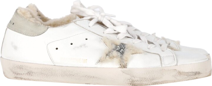Golden Goose Superstar Shearling-Lined Distressed Sneakers in White Leather