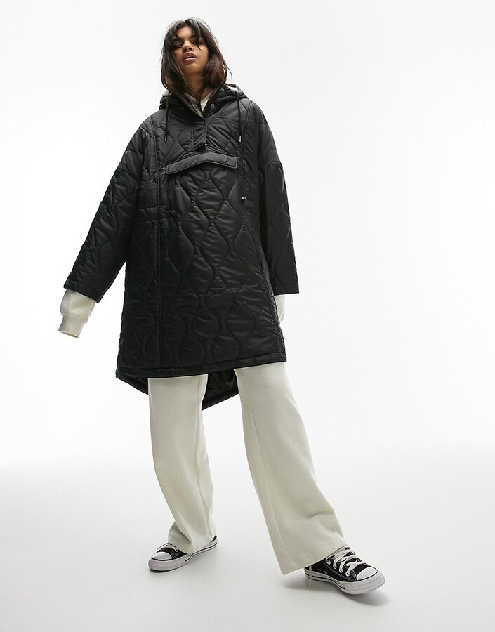 longline quilted trapeze liner coat with hood in black ShopStyle