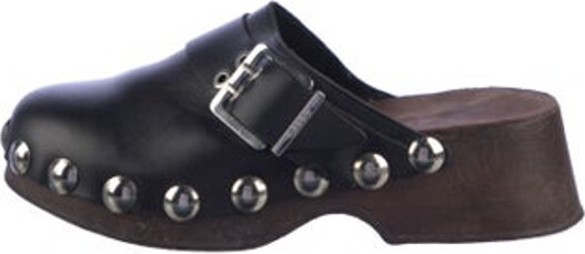 Ganni Leather Mules Blue & Brown Semi-Pointed Toes with Studded Accents Platform Buckle Closure At Uppers Unfortunately due to restrictions this item may not be eligible for shipping in all areas.