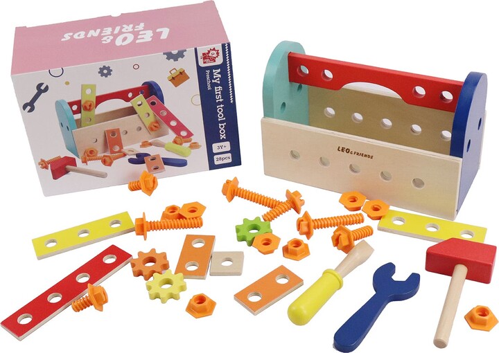 Leo & Friends My First Tool Box Kit of 28 Wooden Pieces, Made for 3-Year-Olds and Older