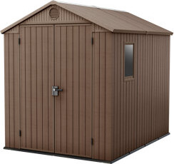Keter Darwin 6x8 ft. Durable Resin Outdoor Storage Shed With Floor and Double Doors for Garden Patio Furniture and Tools, Brown